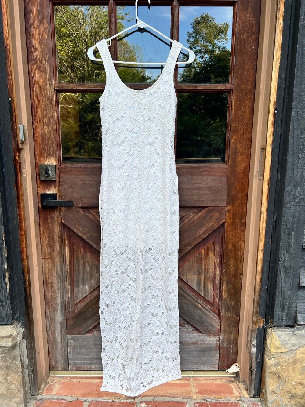 Charlotte Russe cream floral lace boho maxi dress slit xs